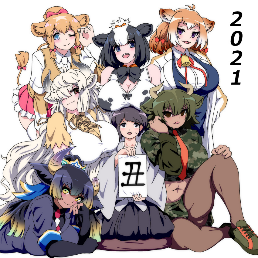 1other 2021 6+girls :d ;) abs androgynous animal_ears animal_print arm_support aurochs_(kemono_friends) behind_another bell black_hair black_horns blonde_hair blue_eyes bow bowtie breast_rest breasts breasts_on_head broken_horn brown_eyes brown_pantyhose camouflage camouflage_shirt camouflage_skirt captain_(kemono_friends) chinese_zodiac cleavage closed_mouth coat cow_ears cow_girl cow_horns cow_print cow_tail cowbell cropped_shirt crown dark-skinned_female dark_skin dress elbow_gloves elbow_rest empty_eyes fingerless_gloves gloves goshingyu-sama_(kemono_friends) green_hair grey_hair grey_horns guernsey_cattle_(kemono_friends) hair_between_eyes hair_over_one_eye hairbow hand_on_own_cheek hand_on_own_face hand_rest hand_up head_rest height_difference highres holding holstein_friesian_cattle_(kemono_friends) horizontal_pupils horns huge_breasts jacket japanese_clothes jersey_cattle_(kemono_friends) kemono_friends knee_up layered_sleeves leaning_forward long_hair long_sleeves low-tied_long_hair lying mamiyama medium_hair microskirt midriff multicolored_hair multicolored_horns multiple_girls navel necktie on_stomach one_eye_closed open_mouth orange_hair pantyhose parted_bangs purple_eyes purple_horns shirt shoes short_hair short_over_long_sleeves short_sleeves side-by-side sign simple_background sitting skirt sleeveless sleeveless_shirt smile standing stomach tail toned toned_female two-tone_necktie very_long_hair white_background white_hair yak_(kemono_friends) year_of_the_ox yellow_eyes yellow_horns yellow_shirt