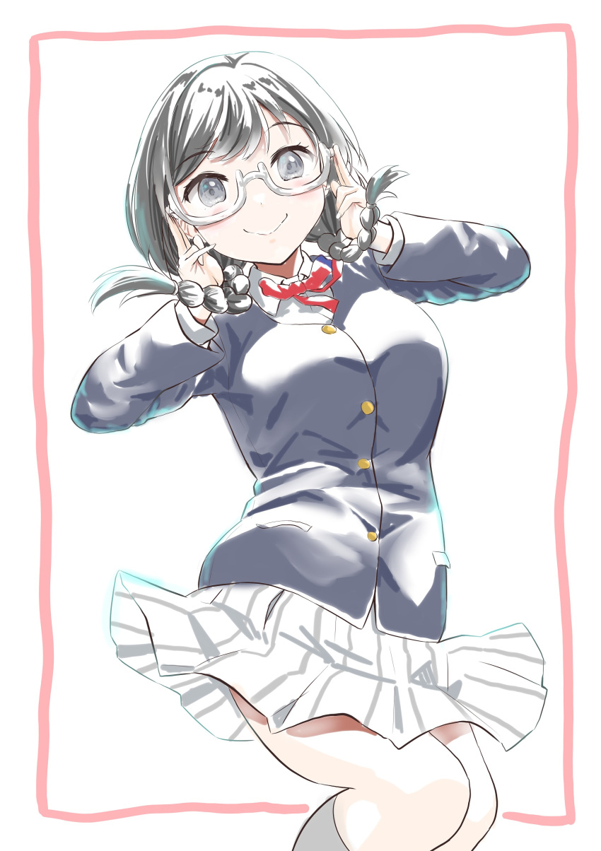 absurdres adjusting_eyewear black_hair border braid breasts commentary female glasses grey-framed_eyewear grey_eyes hayaoki_(asagi-iro_seishun-bu) highres long_hair looking_at_viewer love_live! love_live!_nijigasaki_high_school_idol_club medium_breasts miniskirt nakagawa_nana nijigasaki_school_uniform red_border school_uniform semi-rimless_eyewear skirt smile solo twin_braids under-rim_eyewear upper_body white_background winter_uniform yuki_setsuna_(love_live!)