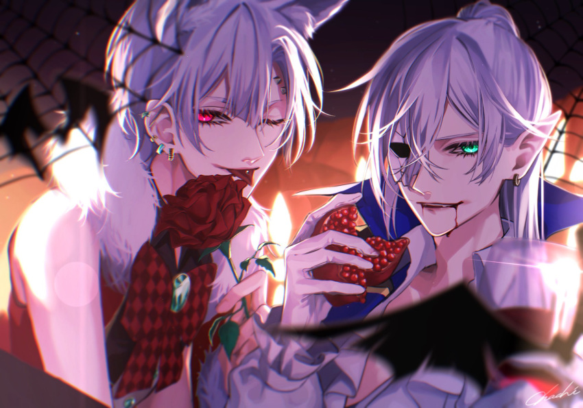 2boys akuma_shitsuji_to_kuroi_neko ammon_lead animal_ears blood blood_from_mouth boschi_arenas ear_piercing earrings forehead_piercing grapefruit green_eyes high_ponytail highres jewelry lip_piercing long_hair looking_at_viewer male_focus multiple_boys multiple_earrings ohachi08 one_eye_closed piercing pink_eyes pointy_ears ponytail rabbit_boy rabbit_ears short_hair vampire white_hair