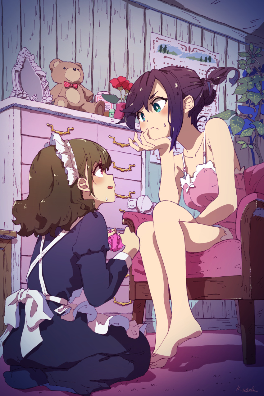 2girls barefoot black_hair blue_eyes blush brown_eyes brown_hair commentary frills highres holding holding_clothes holding_panties holding_underwear kagawa_yuusaku kneeling looking_at_another maid maid_headdress multiple_girls original panties pink_panties short_hair sitting stuffed_animal stuffed_toy sweatdrop teddy_bear underwear yuri