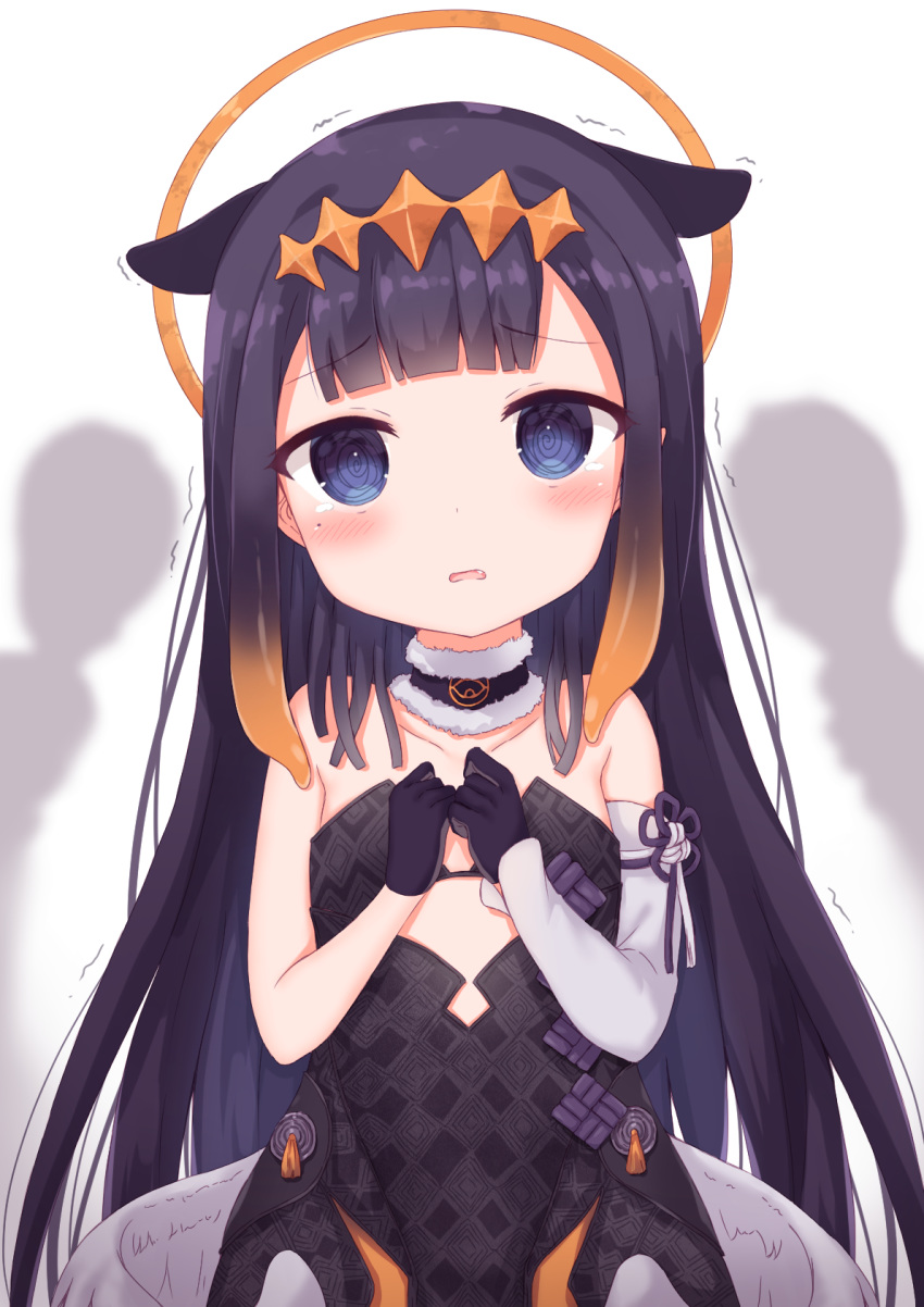 @_@ aged_down argyle bare_shoulders black_dress black_gloves blue_eyes blunt_bangs blush circlet collarbone commentary detached_sleeves dress female flat_chest gloves gradient_hair halo highres hololive hololive_english long_hair looking_at_viewer maka_neko mole mole_under_eye multicolored_hair ninomae_ina'nis ninomae_ina'nis_(1st_costume) open_mouth orange_hair pointy_ears purple_hair scared shadow sidelocks simple_background single_sleeve solo takanashi_kiara tassel tears tentacle_hair trembling upper_body very_long_hair virtual_youtuber white_background white_sleeves