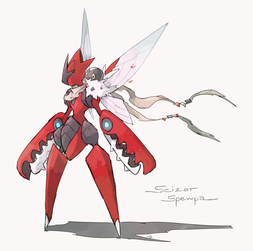 character_name commentary_request legs_apart looking_to_the_side mega_pokemon mega_scizor nigiri_(ngr24) no_humans pokemon pokemon_(creature) scarf scizor simple_background spewpa standing white_background