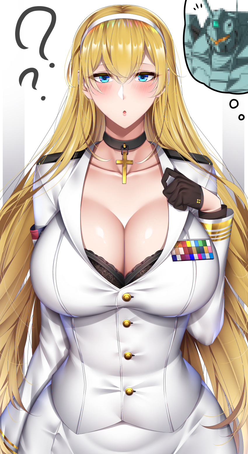 :o ? absurdres azur_lane black_bra black_gloves blonde_hair blue_eyes blush bra bra_peek breasts censored choker cleavage commentary_request cross cross_choker cross_necklace crossover female gloves gm_custom gundam gundam_0083 hair_between_eyes hairband half_gloves highres identity_censor jacket jewelry kome_cola lace lace_bra large_breasts mecha military military_jacket military_uniform necklace north_carolina_(azur_lane) open_mouth robot solo underwear uniform white_hairband