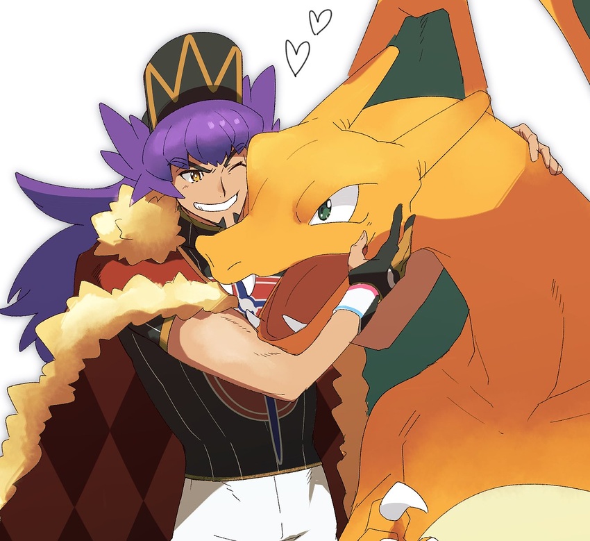 1boy argyle baseball_cap bright_pupils cape champion_uniform charizard commentary dark-skinned_male dark_skin dynamax_band facial_hair fangs fur-trimmed_cape fur_trim gloves green_eyes grin hat heart highres leon_(pokemon) long_hair male_focus morio_(poke_orio) one_eye_closed open_mouth partially_fingerless_gloves pokemon pokemon_(creature) pokemon_swsh purple_hair red_cape shield_print shirt short_shorts short_sleeves shorts single_glove smile sword_print symbol-only_commentary teeth tongue white_background white_pupils white_shorts yellow_eyes