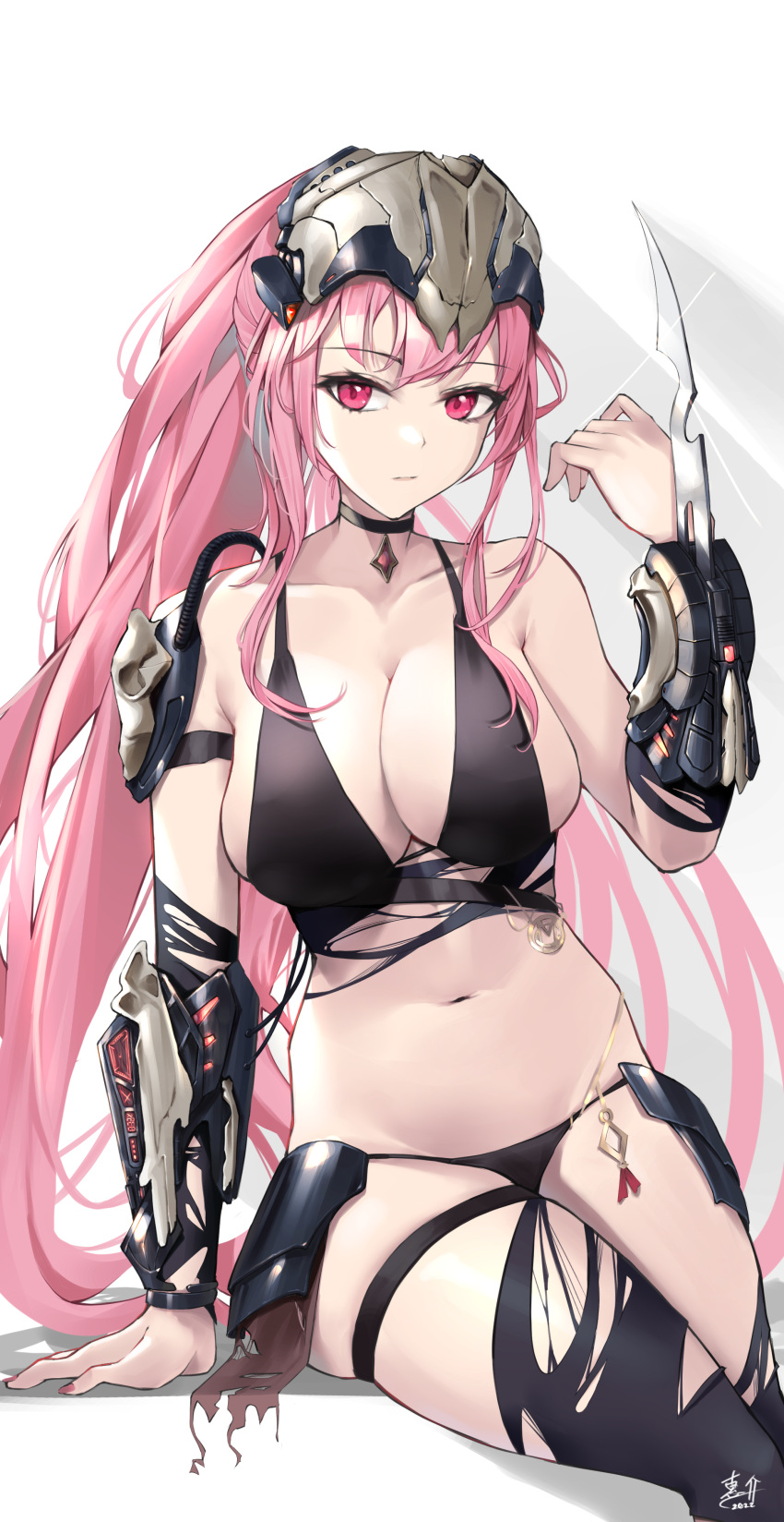 absurdres arm_blade black_bra black_choker black_panties black_thighhighs bra breasts choker cleavage commentary_request cosplay female head-mounted_display highres hololive hololive_english keisuke_desu~ large_breasts long_hair looking_at_viewer mori_calliope navel panties pink_eyes pink_hair predator_(1987) predator_(character) predator_(character)_(cosplay) predator_(series) simple_background sitting thigh_strap thighhighs underwear vambraces very_long_hair virtual_youtuber weapon white_background