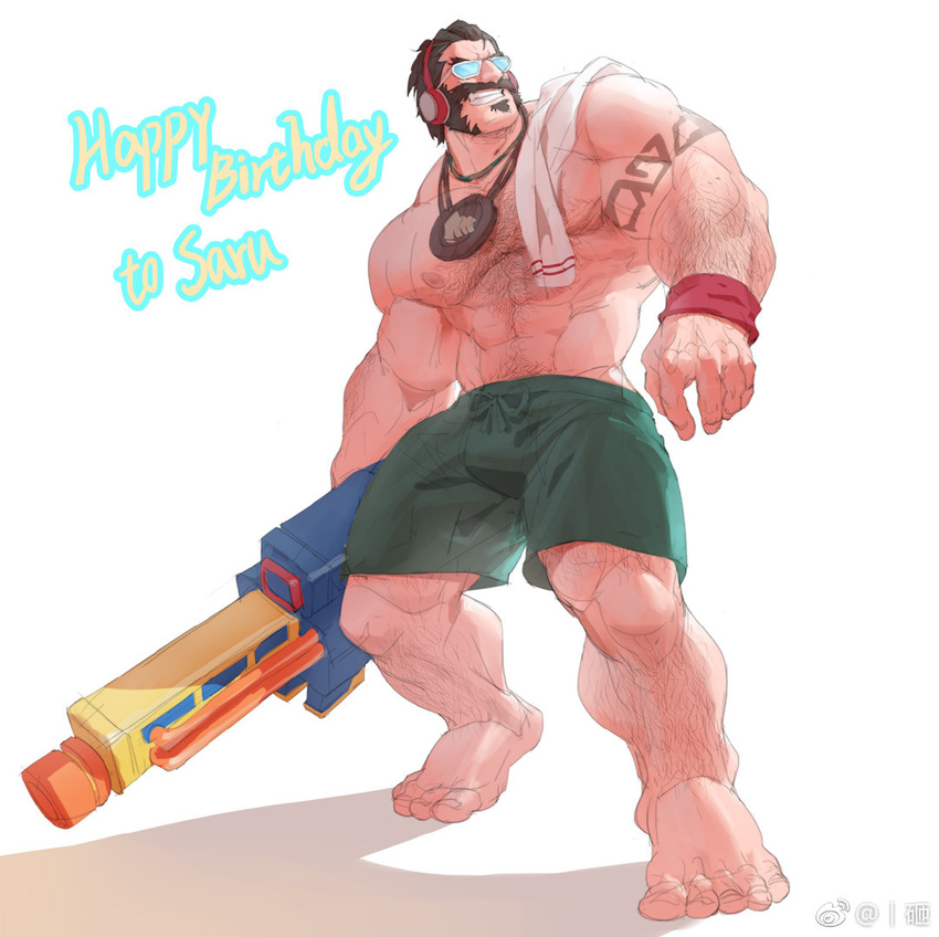 1boy abs arm_hair bara beard black_hair bulge chest_hair day facial_hair from_below full_body gift_art graves_(league_of_legends) green_male_swimwear grin hairy happy_birthday headphones large_pectorals league_of_legends leg_hair looking_to_the_side male_focus male_swimwear mature_male moustache muscular muscular_male mutton_chops navel navel_hair nipples pectorals pool_party_graves rollingstonex6 short_hair smile solo stomach sunglasses swim_trunks thick_mustache topless_male