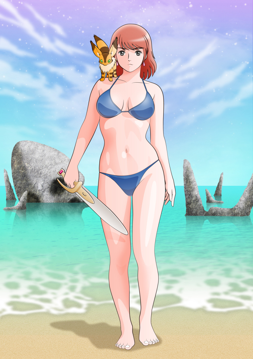 animal bikini breasts brown_eyes brown_hair closed_mouth earrings feet female full_body highres jewelry kaze_no_tani_no_nausicaa knife kyoshinhei looking_at_viewer makeru nausicaa photoshop_(medium) short_hair solo standing swimsuit teto_(nausicaa) water