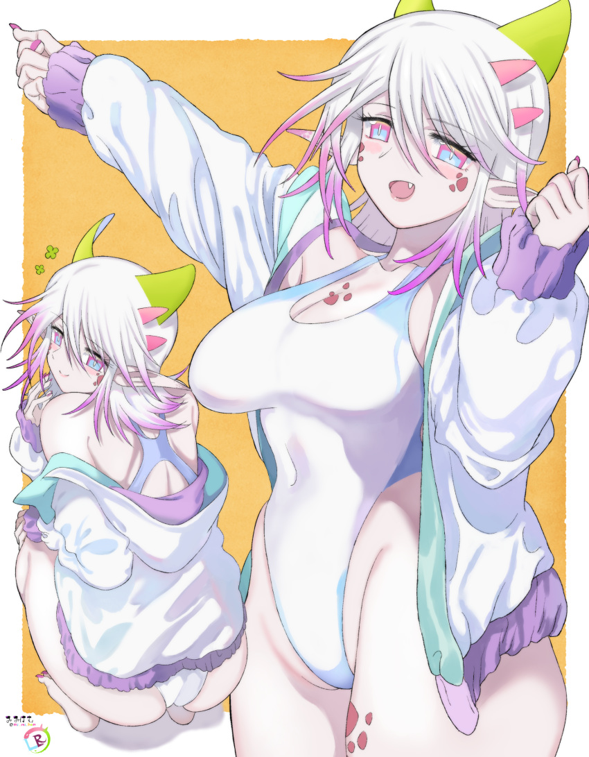 :d artist_name ass bare_shoulders blue_eyes breasts bright_pupils cleavage closed_mouth competition_swimsuit covered_navel cowboy_shot dragon_horns elf facial_mark female fingernails gradient_hair green_horns groin highleg highleg_swimsuit highres hood hood_down hooded_jacket horns jacket large_breasts long_fingernails long_sleeves long_toenails medium_hair mi_mi_ham multicolored_eyes multicolored_hair multiple_views nail_polish oerba_yun_fang off_shoulder one-piece_swimsuit open_clothes open_jacket open_mouth original pale_skin pink_eyes pink_hair pink_horns pink_nails pointy_ears sleeves_past_wrists smile squatting swimsuit tiana_(mi_mi_ham) toenail_polish toenails twitter_username two-tone_hair white_hair white_jacket white_one-piece_swimsuit white_pupils