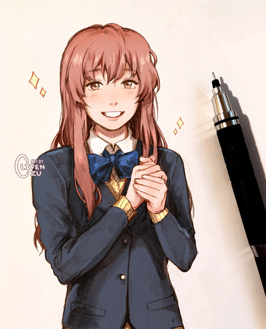 :d art_tools_in_frame artist_name bad_id bad_twitter_id black_jacket blue_bow blue_bowtie blush bow bowtie brown_eyes brown_hair cardigan clivenzu collared_shirt commentary english_commentary female graphite_(medium) highres jacket koe_no_katachi long_sleeves looking_at_viewer mechanical_pencil mixed_media mute nishimiya_shouko open_mouth own_hands_together pencil photo_(medium) school_uniform shirt sign_language smile solo sparkle traditional_media twitter_username upper_body wing_collar