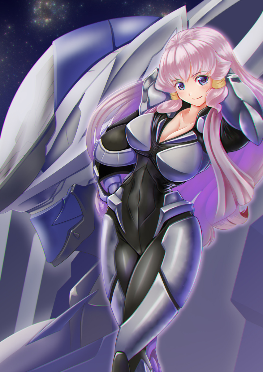 akatsuki_senbei bodysuit breasts cleavage commentary_request female hair_tubes helmet highres holding holding_helmet kakumeiki_valvrave kakumeiki_valvrave:_undertaker large_breasts looking_at_viewer mecha outa_nao pilot_suit pink_hair purple_eyes robot science_fiction sidelocks smile valvrave_ii2 wavy_hair