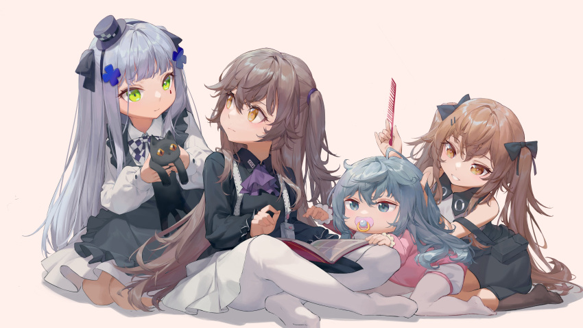 404_(girls'_frontline) 4girls absurdres aged_down baby black_cat blue_eyes brown_eyes brown_hair feline g11_(girls'_frontline) girls'_frontline green_eyes grey_hair hair_between_eyes hair_ornament hair_ribbon hat highres hk416_(black_kitty's_gift)_(girls'_frontline) hk416_(girls'_frontline) korean_commentary long_hair long_sleeves mini_hat multiple_girls one_side_up pacifier pantyhose ren_huozhe ribbon twintails two_side_up ump45_(agent_lop_rabbit)_(girls'_frontline) ump45_(girls'_frontline) ump9_(girls'_frontline) ump9_(shiba_investigator)_(girls'_frontline) white_pantyhose