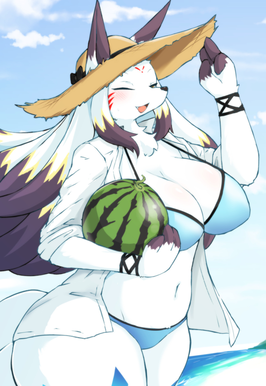 ^_^ animal_ears bikini blue_bikini body_fur breasts closed_eyes cloud commentary_request cowboy_shot daji_(fullbokko_heroes) day female food fox_ears fox_girl fox_tail fruit fullbokko_heroes furry furry_female hand_on_headwear hat highres holding holding_food holding_fruit large_breasts long_hair navel ocean oerba_yun_fang open_mouth outdoors plump shirt sky smile snout solo straw_hat swimsuit tail takeshi-kemo white_fur white_hair white_shirt