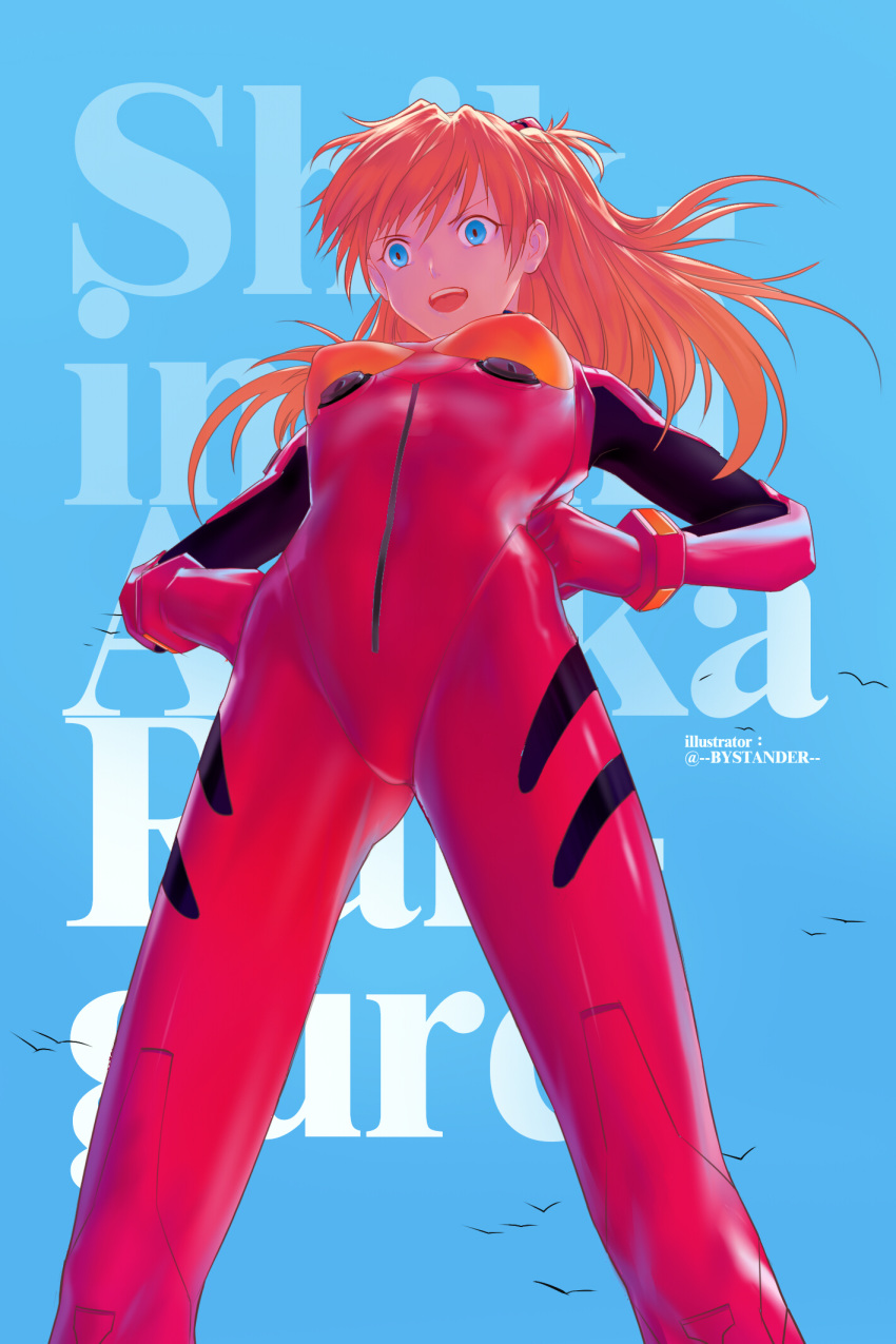 :d animal artist_name bird blue_eyes blue_sky bodysuit breasts breasts_apart bystander character_name commentary day english_commentary english_text female from_below hands_on_own_hips headgear highres interface_headset legs_apart long_hair looking_down medium_breasts neon_genesis_evangelion open_mouth orange_hair pilot_suit plugsuit red_bodysuit science_fiction sky smile solo souryuu_asuka_langley standing teeth twitter_username upper_teeth_only