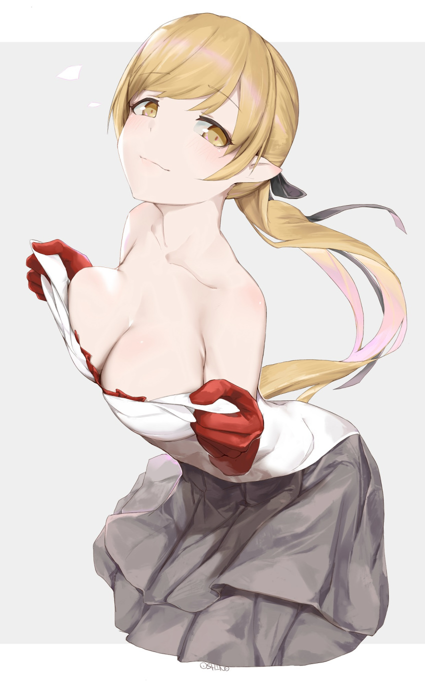 :3 bare_shoulders black_ribbon black_skirt blonde_hair blush breast_press breasts character_name cleavage collarbone commentary dress female gloves grey_background hair_ribbon head_tilt highres kiss-shot_acerola-orion_heart-under-blade kizumonogatari long_hair looking_to_the_side monogatari_(series) oshin0_(zheng) oshino_shinobu pleated_skirt pointy_ears ponytail pulling_own_clothes red_gloves ribbon skirt smile solo strapless strapless_dress swept_bangs teenage two-tone_background white_background white_dress yellow_eyes