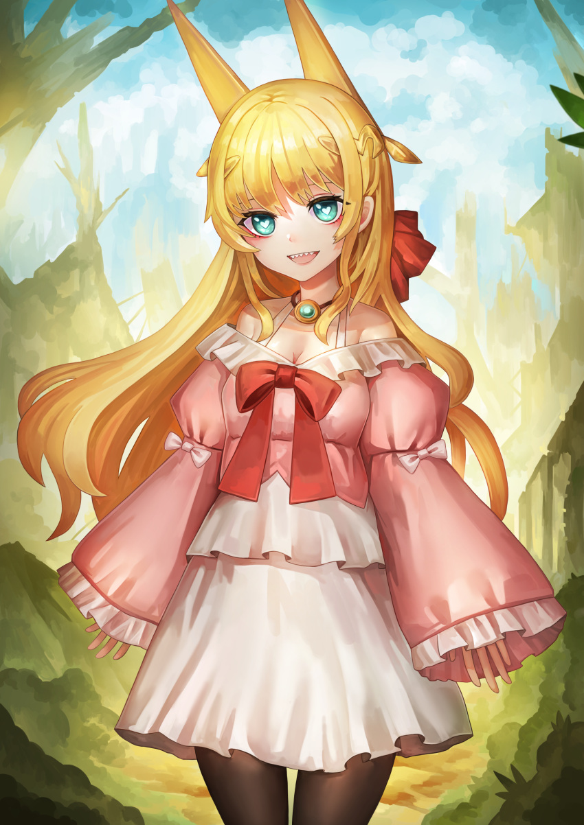 :d absurdres bare_shoulders black_pantyhose blonde_hair blue_eyes bow breasts cleavage cowboy_shot dress extra_ears fantasy_bishoujo_juniku_ojisan_to female genderswap_(mtf) hair_between_eyes hair_ornament hairbow heart heart-shaped_pupils highres jewelry long_hair looking_at_viewer necklace open_mouth outdoors pantyhose pink_dress red_bow rule_63 sharp_teeth short_dress sidelocks small_breasts smile solo symbol-shaped_pupils tachibana_hinata_(fabiniku) teeth wide_sleeves ziteng_yue