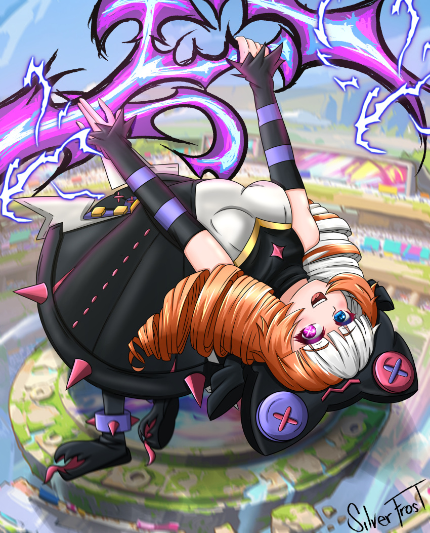 absurdres animal_ears black_dress blue_eyes dress drill_hair fake_animal_ears female frosver gwen_(league_of_legends) heterochromia highres league_of_legends multicolored_clothes multicolored_dress multicolored_hair orange_hair pink_eyes scissors smile solo soul_fighter_(league_of_legends) soul_fighter_gwen teeth white_hair