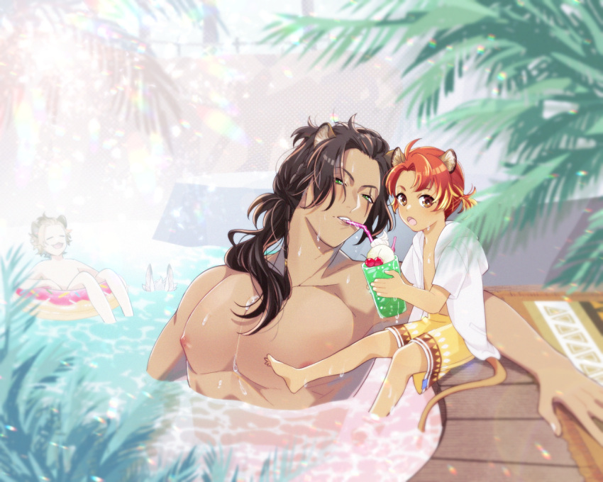 3boys abs animal_ears brown_hair cheka_kingscholar con_potata dark_skin drinking_straw green_eyes hood hyena_ears hyena_tail innertube jack_howl jacket leona_kingscholar lion_ears lolicon long_hair male_focus male_swimwear multicolored_hair multiple_boys muscular muscular_male nipples pool red_hair ruggie_bucchi swim_ring swim_trunks twisted_wonderland uncle_and_nephew white_jacket wolf_ears