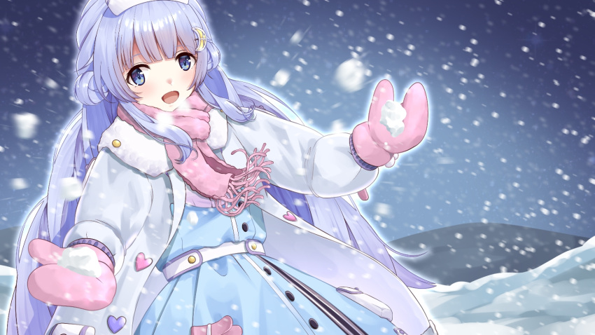 :d belt blue_dress blue_eyes blunt_bangs breath coat crescent crescent_hair_ornament double_bun dress female fur-trimmed_coat fur_trim grey_coat hair_bun hair_ornament hat highres kagutsuchi_(victoragna) long_hair looking_at_viewer mirutani_nia mittens night noripro nurse nurse_cap open_clothes open_coat open_mouth outdoors outstretched_arms pink_mittens pink_scarf purple_hair scarf smile snow snowing solo star_(symbol) upper_body very_long_hair virtual_youtuber white_belt white_hat winter_clothes winter_coat