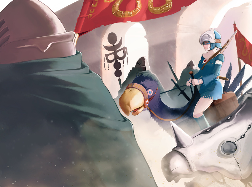 animal breasts closed_mouth dress female flag gloves helmet horseclaw kaze_no_tani_no_nausicaa multiple_boys nausicaa photoshop_(medium) riding sword takemaru08 weapon