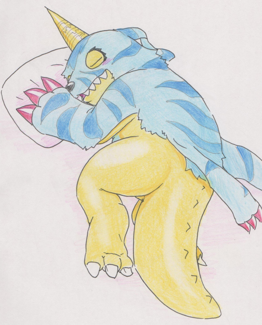 animal_skin anthro bandai_namco blush claws closed_eyes digimon digimon_(species) fur gabumon hi_res male pillow scalie sleeping slightly_chubby solo striped_body striped_fur stripes tabasukotrr traditional_media_(artwork)