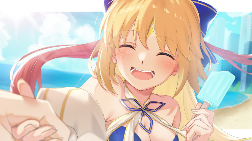 absurdres artoria_caster_(fate) artoria_caster_(swimsuit)_(fate) artoria_caster_(swimsuit)_(third_ascension)_(fate) artoria_pendragon_(fate) bare_shoulders beach blonde_hair blue_bow blue_one-piece_swimsuit blush bow breasts city cloud cloudy_sky fate/grand_order fate_(series) food hair_between_eyes hairbow highres holding holding_food holding_ice_cream ice_cream kpaoi long_hair long_sleeves ocean one-piece_swimsuit open_mouth red_hair ribbon sky small_breasts smile sunlight swimsuit teeth uvula white_ribbon