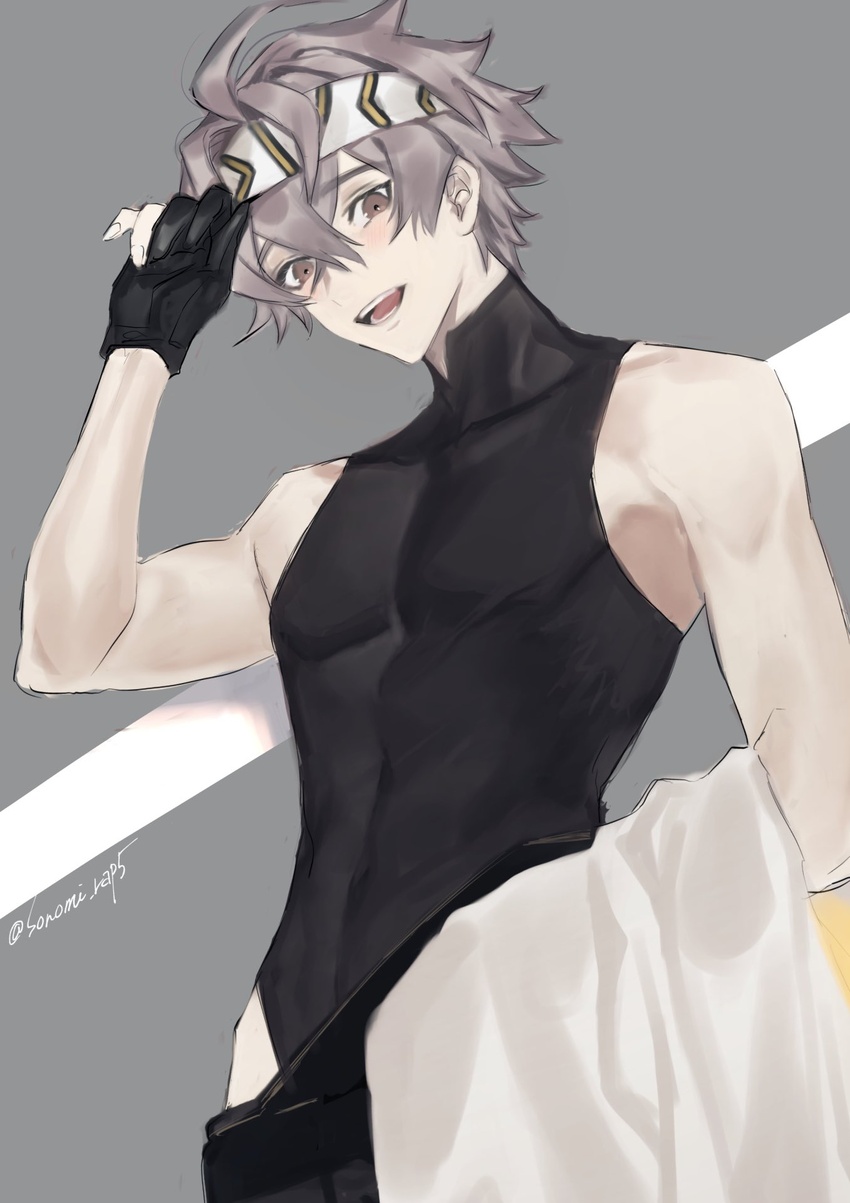 1boy alchemy_stars black_gloves black_shirt brown_eyes gloves grey_hair hair_between_eyes headband highres looking_at_viewer male_focus navigator_(alchemy_stars) open_mouth partially_fingerless_gloves shirt simple_background sleeveless sleeveless_shirt solo sonomi upper_body