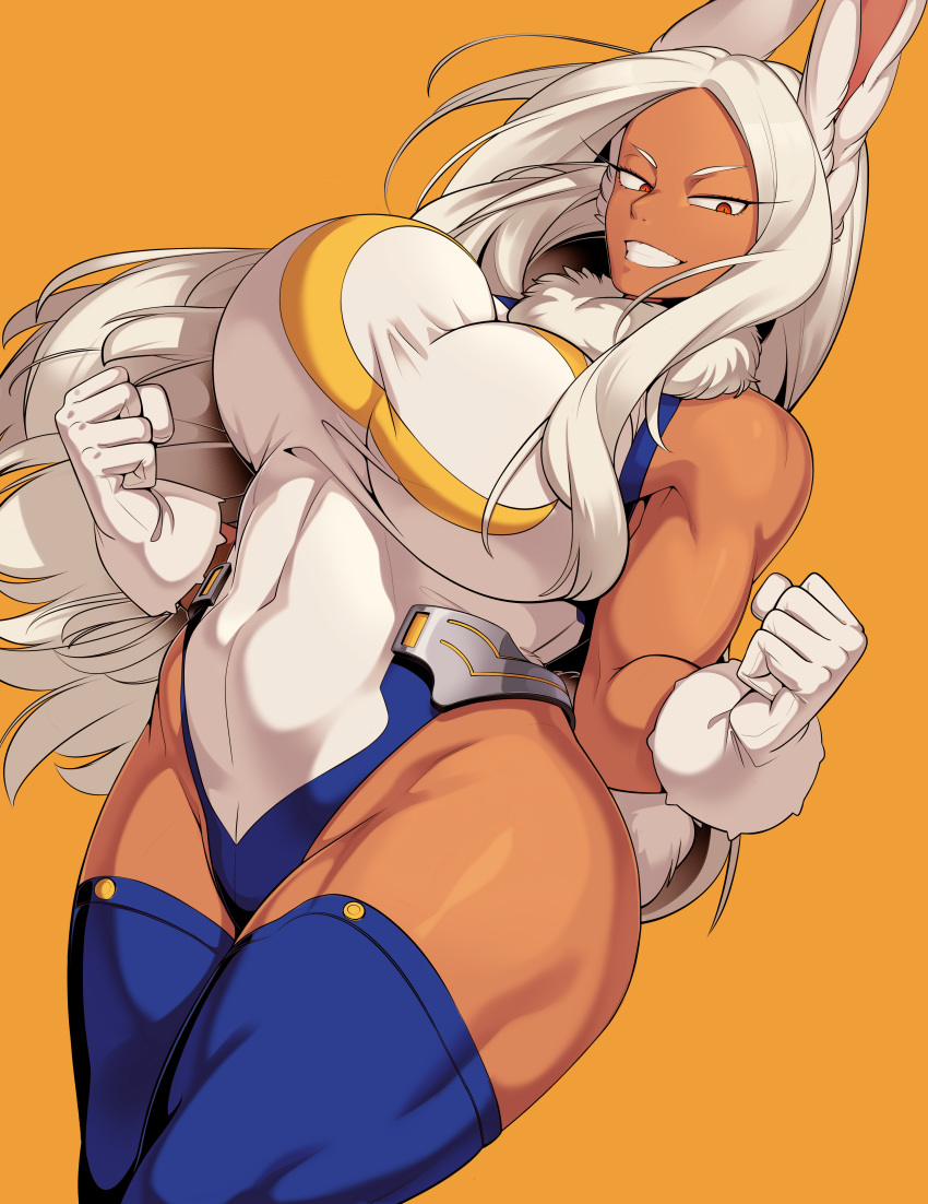 absurdres alternate_breast_size animal_ears bare_arms bare_shoulders biceps boku_no_hero_academia breasts cervina clenched_hands covered_navel curvy dark-skinned_female dark_skin female floating_hair fur_collar gloves grin groin half-closed_eyes highleg highleg_leotard highres huge_breasts impossible_clothes impossible_leotard leotard long_eyelashes long_hair looking_at_viewer mirko orange_background rabbit_ears rabbit_girl rabbit_tail red_eyes simple_background smile solo superhero_costume tail teeth thick_thighs thighhighs thighs toned unaligned_breasts very_long_hair white_hair wide_hips