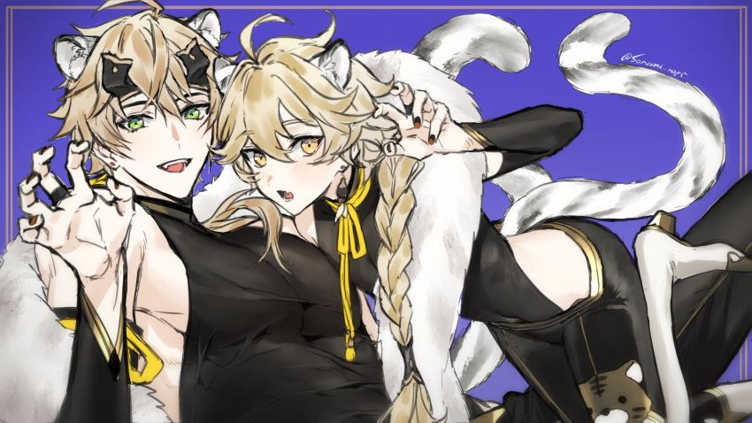 2boys aether_(genshin_impact) alternate_costume animal_ears black_pants blonde_hair blue_background blush braid chinese_zodiac claw_pose detached_sleeves ear_piercing earrings fake_horns genshin_impact green_eyes hair_between_eyes headband highres horned_headwear horns jewelry long_hair looking_at_viewer male_focus multiple_boys nail_polish oerba_yun_fang open_mouth orange_eyes pants pectorals piercing ring simple_background single_braid single_earring skin_fang sleeveless sonomi tail thoma_(genshin_impact) tiger_boy tiger_ears tiger_tail year_of_the_tiger