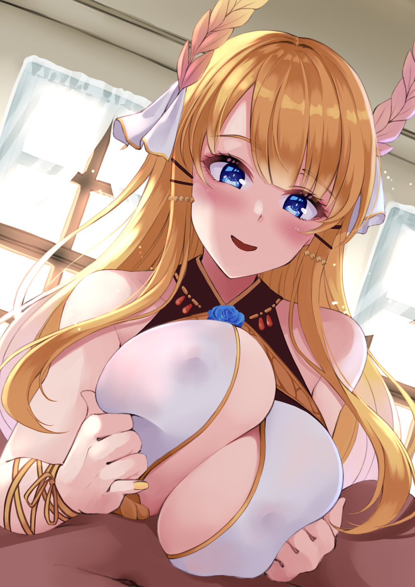 1boy absurdres azur_lane bare_shoulders blonde_hair blue_eyes blush breasts covered_nipples dress female hair_ribbon highres large_breasts long_hair looking_at_viewer open_mouth paizuri paizuri_under_clothes ribbon simple_background solo_focus straight twisted_breasts victorious_(azur_lane) wee_(weeyy)