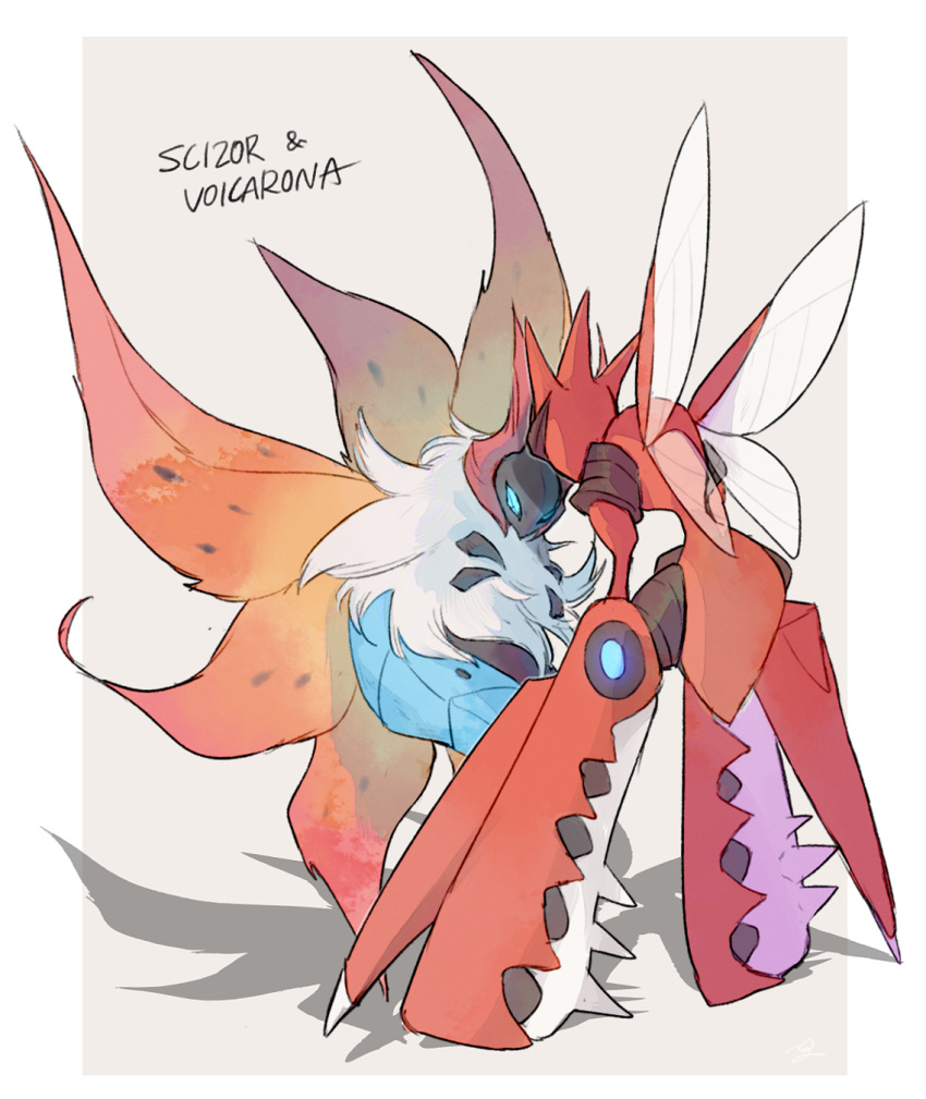 blue_eyes border character_name commentary_request highres legs_apart mega_pokemon mega_scizor nigiri_(ngr24) no_humans pokemon pokemon_(creature) scizor standing volcarona white_border white_fur