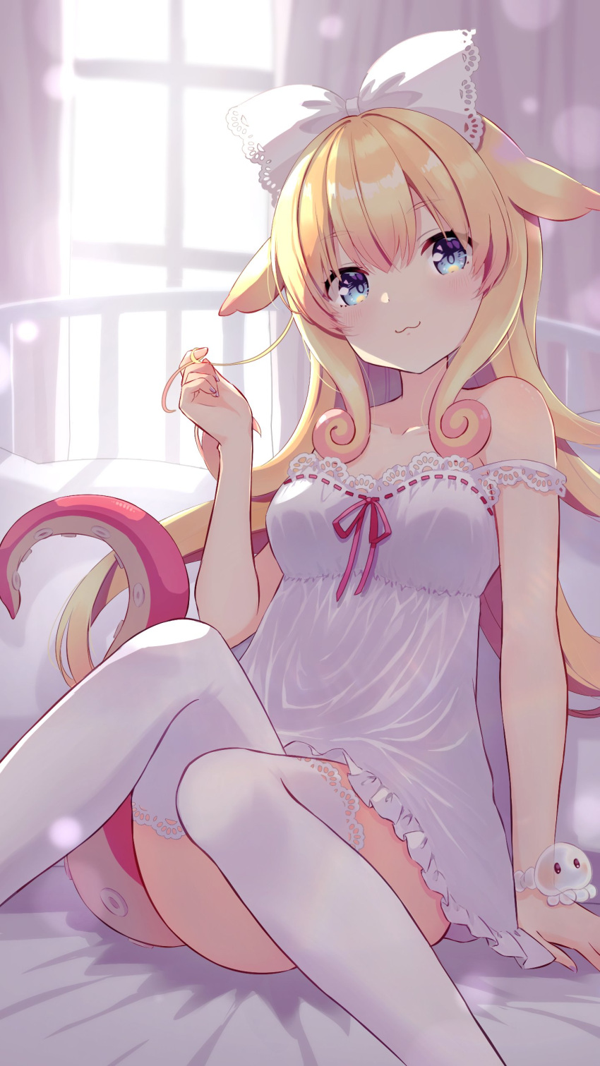 :3 absurdres bare_shoulders blonde_hair blue_eyes bow bracelet collarbone commission curtains female gradient_hair hairbow highres idol_corp indoors jewelry long_hair momo_otako monster_girl multicolored_hair octopus on_bed pink_ribbon ribbon scylla second-party_source solo tentacle tentacle_hair thighhighs uni_(maru231) virtual_youtuber white_bow white_chemise white_thighhighs window