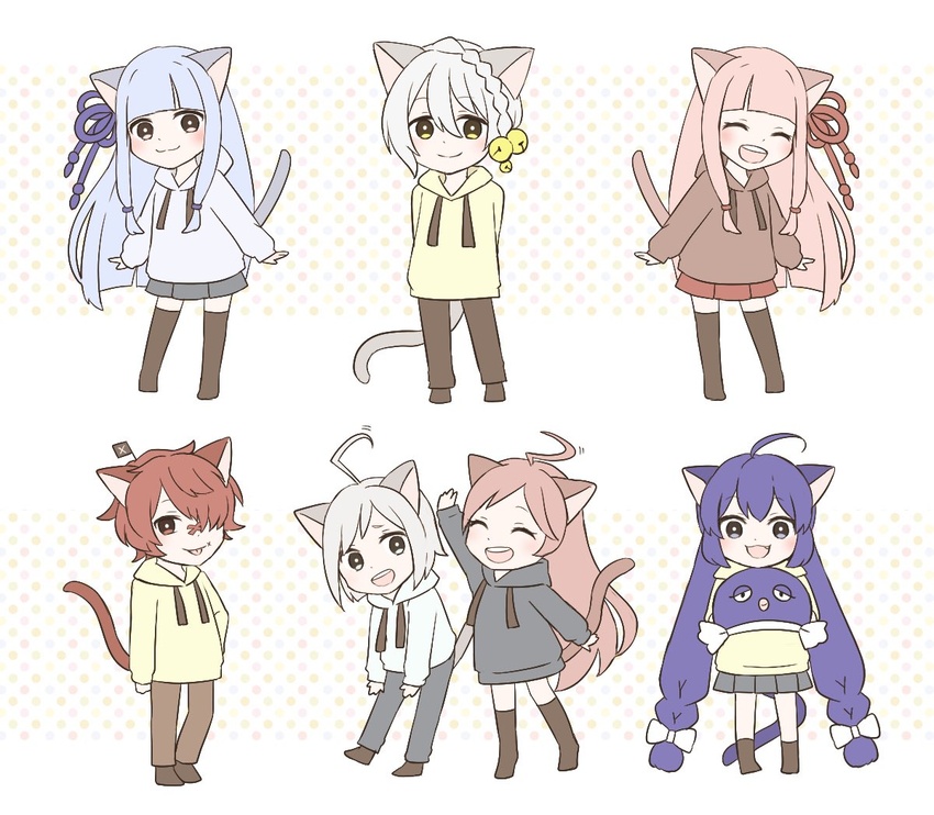 3boys 4girls :d ^_^ ahoge animal_ears bell black_pants black_socks black_thighhighs blue_hoodie blue_skirt blush braid brown_pants cat_boy cat_day cat_ears cat_girl cat_tail closed_eyes closed_mouth commentary crown_braid drawstring eel_hat flag fukase grey_eyes hair_bell hair_ornament hat holding holding_clothes holding_hat hood hood_down hoodie iori_yuzuru jingle_bell kneehighs kotonoha_akane kotonoha_aoi long_hair long_sleeves low-braided_long_hair low-tied_long_hair low_twintails multiple_boys multiple_girls open_mouth otomachi_una pants pink_hair pleated_skirt red_eyes red_hair red_hood red_skirt sf-a2_miki short_hair siblings sisters skc skirt smile socks tail thighhighs twintails unworn_hat unworn_headwear utatane_piko very_long_hair vocaloid voiceroid white_hoodie yellow_eyes yellow_hoodie