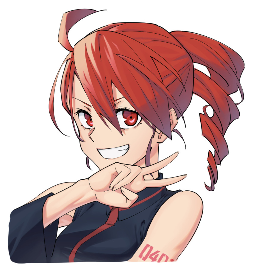 ahoge bad_id bad_pixiv_id bare_shoulders black_shirt black_sleeves commentary detached_sleeves drill_hair female grin hand_up kasane_teto looking_at_viewer number_tattoo portrait red_eyes red_hair shirt shoulder_tattoo sleeveless sleeveless_shirt smile tattoo twin_drills utau v v-shaped_eyebrows white_background yasutange