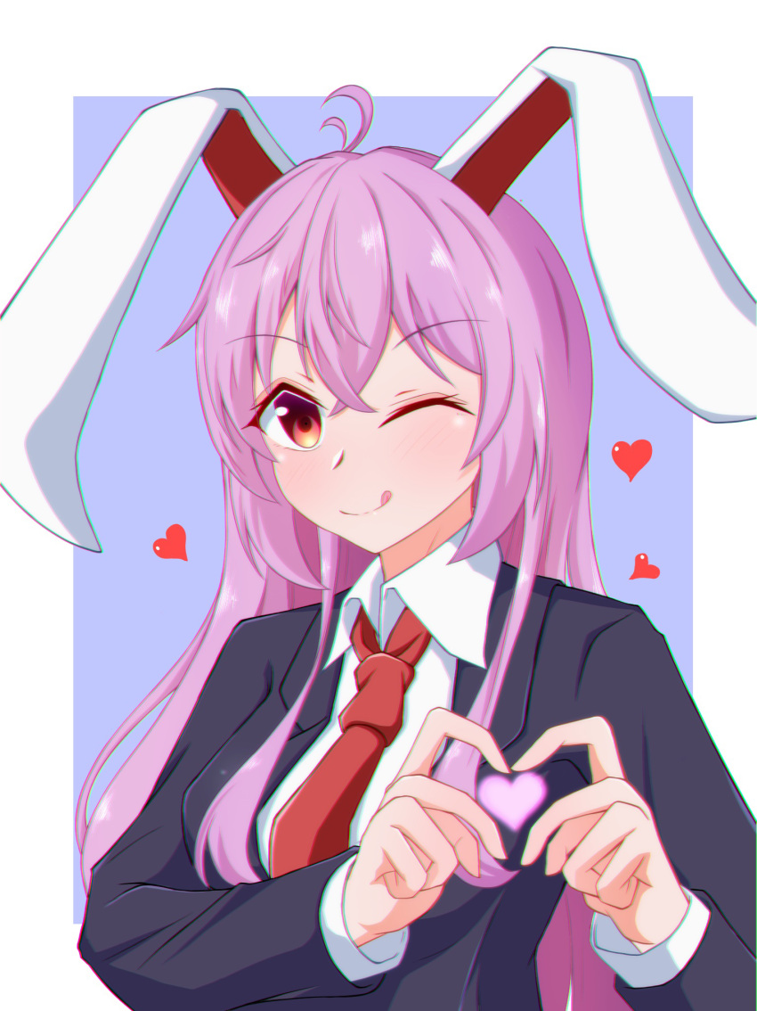 animal_ears black_jacket blue_background blush border breasts closed_mouth collared_jacket collared_shirt female hair_between_eyes hands_up heart heart_hands highres jacket long_hair long_sleeves looking_at_viewer medium_breasts necktie one_eye_closed pink_hair rabbit_ears red_eyes red_necktie reisen_udongein_inaba shirt simple_background smile solo tasuku_(tusktouhou4) tongue tongue_out touhou upper_body white_border white_shirt