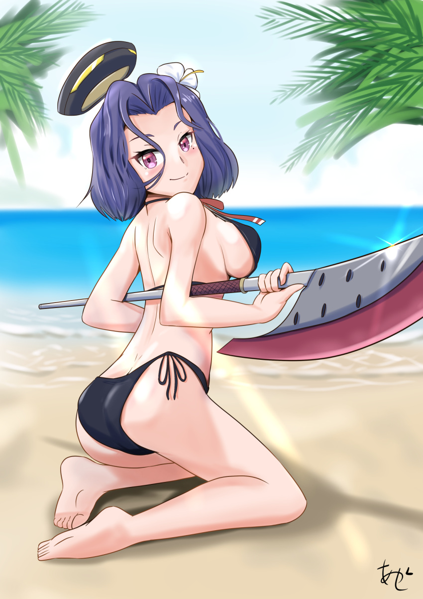 akashieru artist_logo ass barefoot beach bikini black_bikini blue_sky cloud day female from_behind glaive_(polearm) hair_between_eyes halo highres horizon kantai_collection looking_at_viewer mechanical_halo ocean official_alternate_costume one-hour_drawing_challenge outdoors polearm purple_eyes purple_hair short_hair side-tie_bikini_bottom sky smile solo swimsuit tatsuta_(kancolle) tatsuta_(swimsuit_mode)_(kancolle) weapon