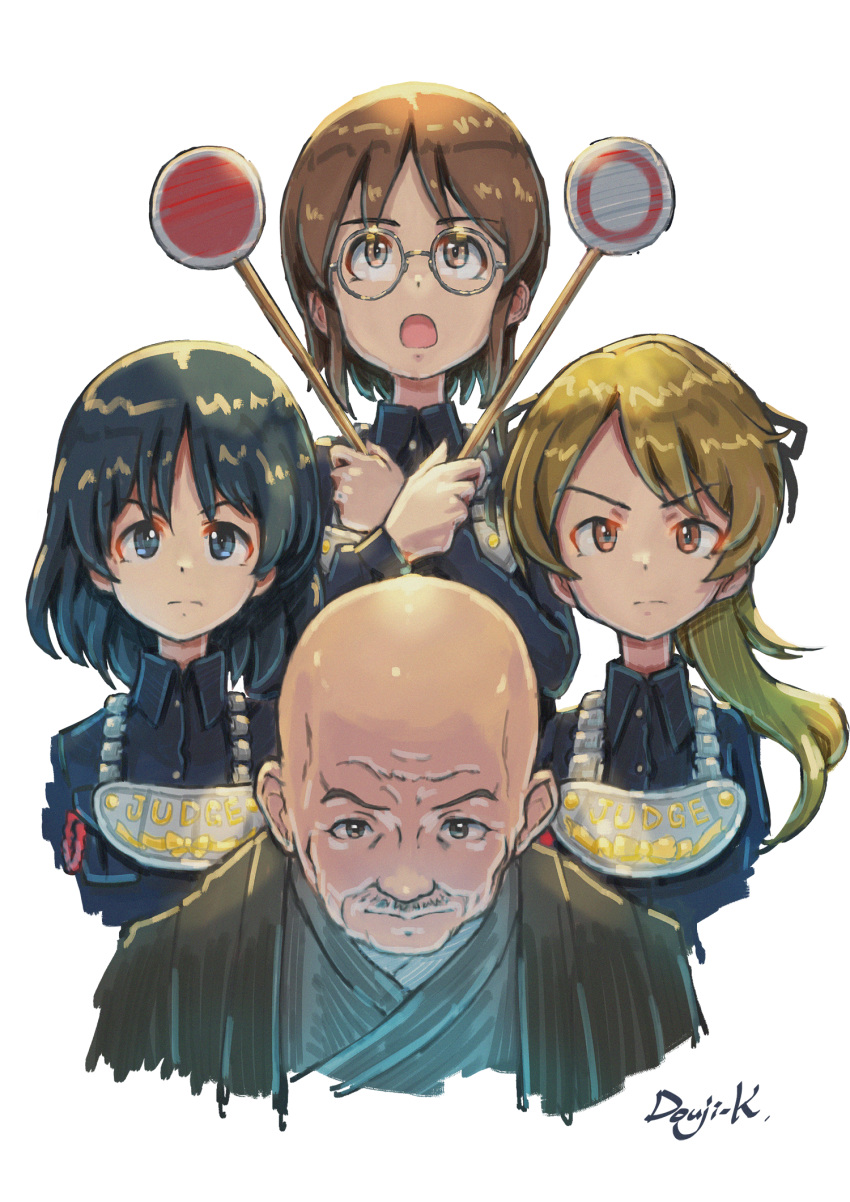 1boy 3girls album_cover album_cover_redraw artist_name bald black_dress black_eyes black_hair black_kimono black_ribbon bob_cut bohemian_rhapsody brown_eyes brown_hair chain_necklace chains collared_dress commentary cover cropped_torso derivative_work dress facial_hair frown girls_und_panzer glasses gorget hair_ribbon highres holding inatomi_hibiki japanese_clothes japanese_tankery_league_judge_uniform jewelry judge kimono kodama_shichirou kuroneko_douji long_sleeves looking_at_viewer medallion medium_hair moustache multiple_girls necklace open_mouth parody queen_(band) ribbon round_eyewear sasagawa_kanon short_hair short_ponytail sign signature simple_background takashima_remi uniform white_background wing_collar