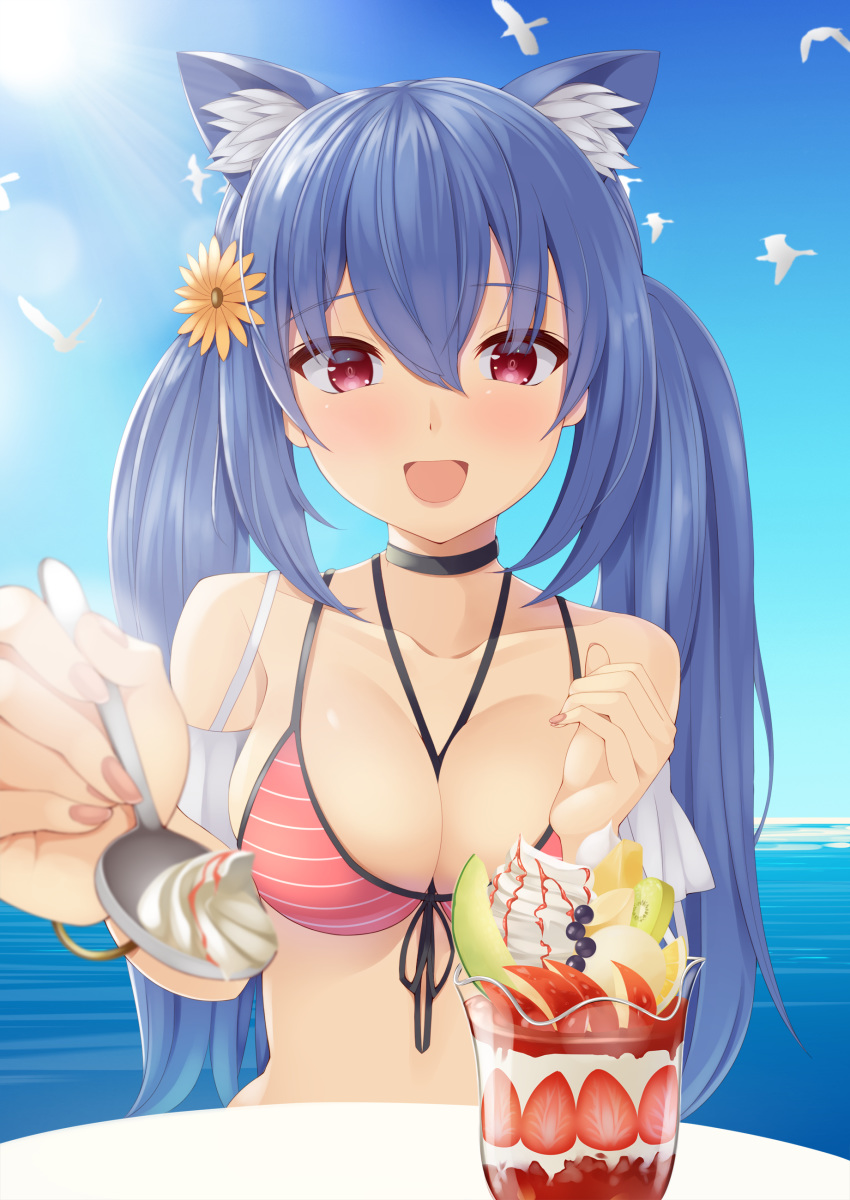 :d absurdres animal_ear_fluff animal_ears ashigara_(azur_lane) ashigara_(kaleidoscopic_summer)_(azur_lane) azur_lane bare_shoulders between_breasts bikini bird black_choker blue_sky blush bracelet breasts choker cleavage collarbone commentary_request criss-cross_halter day dessert feeding female flower food foreshortening front-tie_bikini_top front-tie_top fruit hair_between_eyes hair_flower hair_ornament halterneck highres holding holding_spoon ice_cream incoming_food jewelry large_breasts long_hair looking_at_viewer midriff multi-strapped_bikini ocean official_alternate_costume open_mouth outdoors parfait pov purple_eyes seagull shaketarako sidelocks sitting sky smile solo spoon strawberry striped_bikini striped_clothes sundae sunlight swimsuit table twintails upper_body whipped_cream wolf_ears yellow_flower