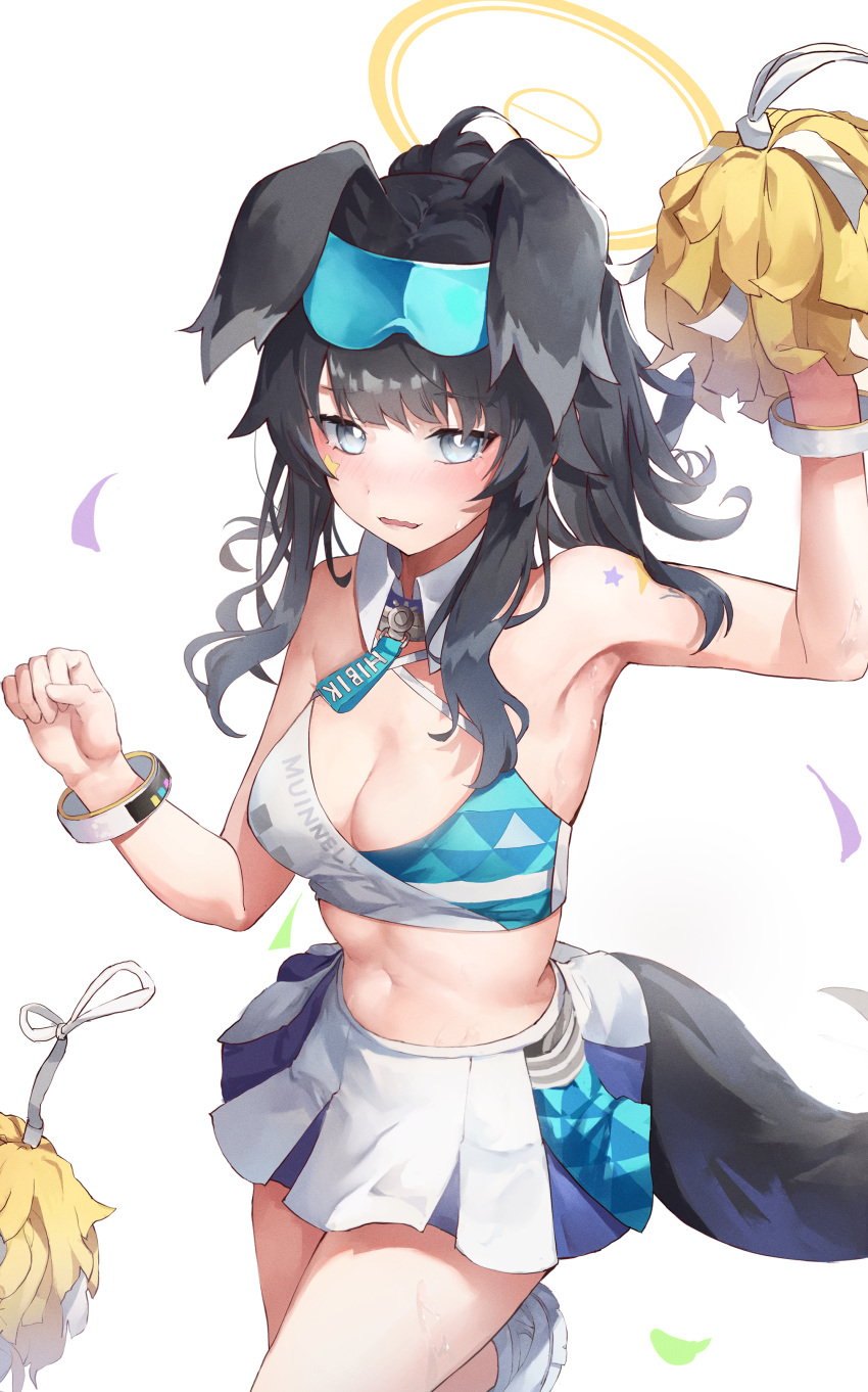 absurdres animal_ears bare_shoulders bike_shorts black_hair black_shorts blue_archive blush breasts cheerleader cleavage commentary dog_ears dog_girl dog_tail eyewear_on_head female gloves goggles goggles_on_head halo hibiki_(blue_archive) hibiki_(cheer_squad)_(blue_archive) highres holding holding_pom_poms long_hair looking_at_viewer medium_breasts megu_(pixiv9460065) midriff millennium_cheerleader_outfit_(blue_archive) navel official_alternate_costume open_mouth pom_pom_(cheerleading) ponytail shorts shorts_under_skirt skirt solo sticker_on_arm sticker_on_face stomach tail thighs white_gloves yellow_halo