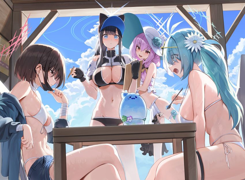 4girls absurdres alternate_costume aqua_hair arius_squad_(blue_archive) atsuko_(blue_archive) bikini black_bikini black_gloves black_hair black_mask blue_archive blue_eyes blue_halo blue_sky breasts cloud cloudy_sky commentary crossed_legs day ear_piercing fingerless_gloves flower food gloves hair_flower hair_ornament halo halterneck hat highres hiyori_(blue_archive) holding holding_spoon hutosutoro ice_cream large_breasts long_hair looking_at_another mask mask_pull medium_breasts misaki_(blue_archive) mouth_mask multiple_girls navel outdoors piercing purple_hair red_eyes red_halo saori_(blue_archive) side-tie_bikini_bottom sideboob sitting sky spoon standing stomach string_bikini sun_hat swimsuit table visor_cap white_bikini white_flower white_halo white_headwear