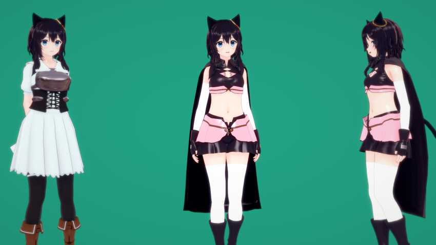 3d animal_ears ankle_boots armor arms_behind_back bare_shoulders belt belt_boots black_cloak black_footwear black_gloves black_legwear black_shorts black_tail blue_eyes blush body_armor boots breastplate breasts brown_belt brown_footwear cat_ears cat_girl cat_tail chest_armor cloak closed_mouth commentary cowboy_boots dress earrings feet_out_of_frame fingerless_gloves fran_(tensei_shitara_ken_deshita) from_side gloves gold_earrings green_background hair_between_eyes highres jewelry kirbro koikatsu_(medium) leather leather_belt leather_boots light_blush looking_at_viewer looking_away medium_hair midriff multiple_persona navel open_mouth puffy_sleeves riding_boots shiny_clothes short_shorts short_sleeves shorts simple_background sleeveless small_breasts smile standing stomach tail tensei_shitara_ken_deshita thighhighs white_dress white_legwear white_sleeves