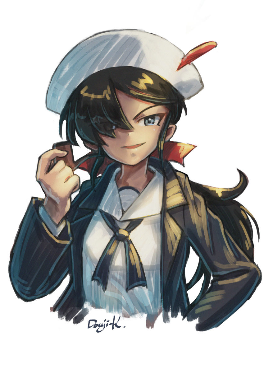 artist_name black_coat black_eyes black_hair black_neckerchief blouse bow coat commentary cropped_torso dark_skin dixie_cup_hat female girls_und_panzer hair_over_one_eye hairbow hand_on_own_hip hat hat_feather highres holding kuroneko_douji long_hair long_sleeves looking_at_viewer military_hat neckerchief ogin_(girls_und_panzer) ooarai_naval_school_uniform open_clothes open_coat open_mouth pirate ponytail red_bow sailor sailor_collar school_uniform shirt signature simple_background smile smoking_pipe solo upper_body white_background white_hat white_shirt