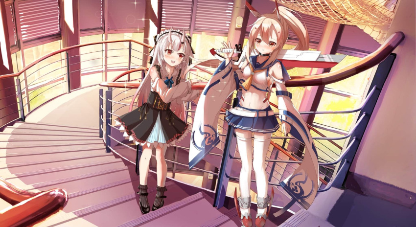 2girls ayanami_(azur_lane) azur_lane bare_shoulders black_dress blonde_hair blue_skirt blush commentary crop_top detached_sleeves dress hair_ornament hairdressing hand_on_railing highres holding holding_sword holding_weapon hololive horns indoors long_hair looking_at_another looking_at_viewer midriff multicolored_hair multiple_girls nakiri_ayame natsuki_(digretking) navel open_mouth pleated_skirt ponytail railing red_eyes red_hair shirt sidelocks skin-covered_horns skirt smile sparkle stairs streaked_hair sword thighhighs virtual_youtuber weapon white_dress white_hair white_shirt white_thighhighs zettai_ryouiki