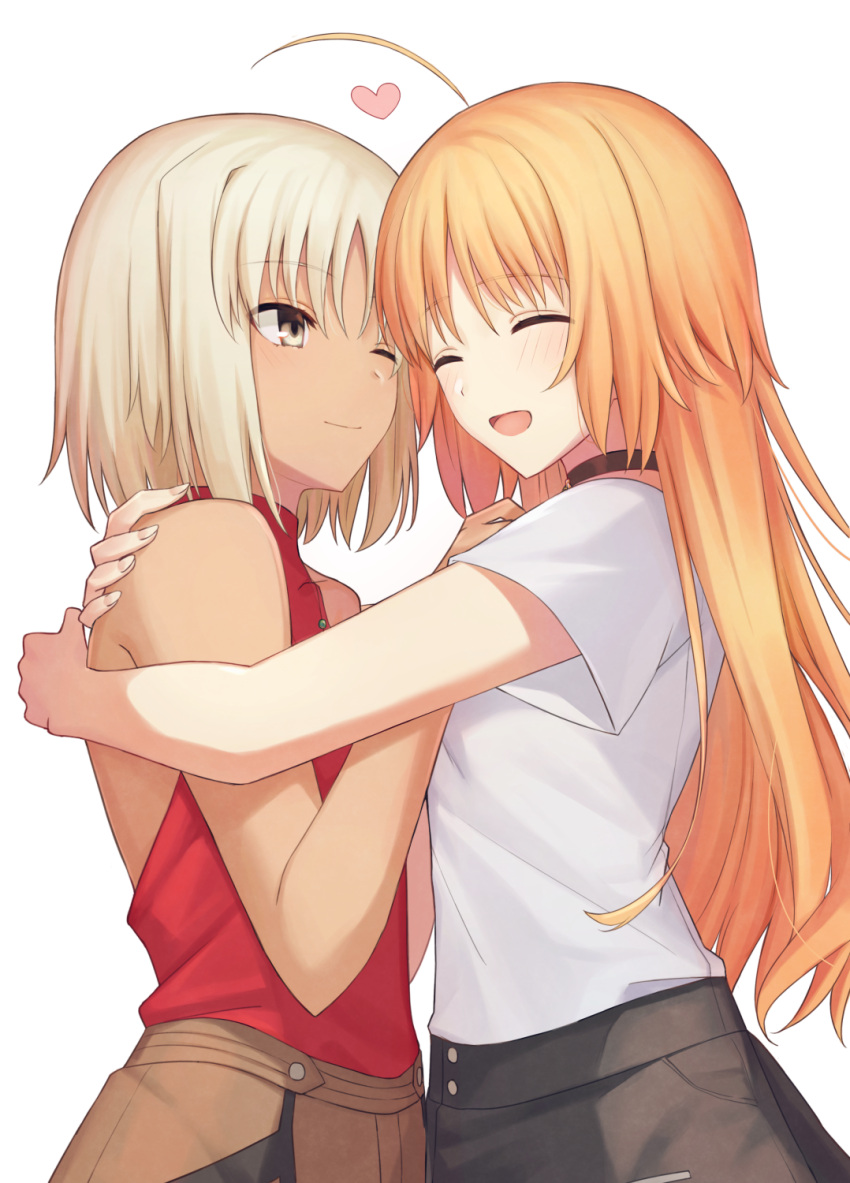 2girls 428:_fuusa_sareta_shibuya_de :d ;) ^_^ ahoge backless_outfit bad_id bad_pixiv_id black_choker blonde_hair brown_eyes canaan_(character) canaan_(series) choker closed_eyes collarbone couple highres hug long_hair multiple_girls okakasushi one_eye_closed oosawa_maria open_mouth red_shirt shirt short_hair short_sleeves sleeveless sleeveless_shirt smile straight_hair very_long_hair white_hair white_shirt yuri