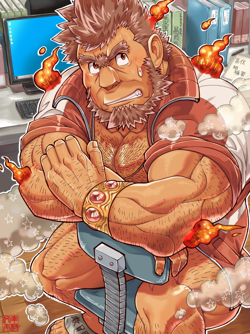 1boy absurdres arm_hair bara beard blush brown_hair bunta_ru chest_hair dark-skinned_male dark_skin facial_hair fire hairy highres jacket jinn_(housamo) leg_hair looking_at_viewer male_focus mature_male monitor muscular muscular_male no_pants old old_man open_clothes open_jacket pectoral_cleavage pectorals sandals short_hair sitting sleeves_rolled_up solo sweatdrop thighs tokyo_afterschool_summoners track_jacket translation_request unibrow wrinkled_skin