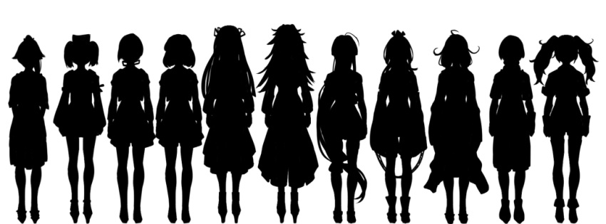 6+girls ahoge bad_id bad_pixiv_id chitose_(kancolle) chiyoda_(kancolle) commentary_request gambier_bay_(kancolle) greyscale hair_flaps hair_ribbon hat hiyou_(kancolle) houshou_(kancolle) jun'you_(kancolle) kantai_collection kasuga_maru_(kancolle) kouga_(mutsumi) long_hair low-tied_long_hair monochrome multiple_girls ribbon ryuuhou_(kancolle) ryuujou_(kancolle) shouhou_(kancolle) silhouette simple_background taigei_(kancolle) taiyou_(kancolle) twintails very_long_hair zuihou_(kancolle)