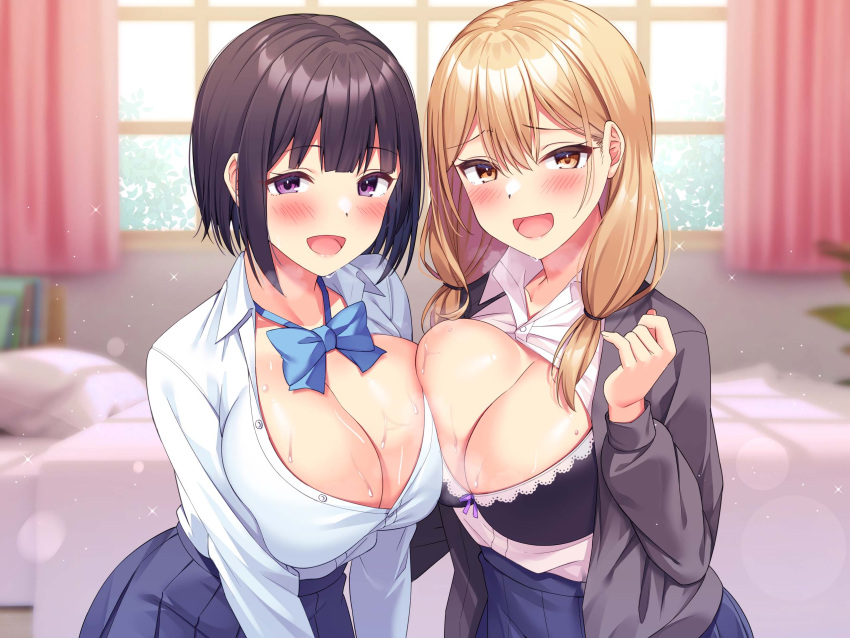 2girls :d bed bed_sheet bedroom black_bra black_hair black_sweater blonde_hair blue_skirt blurry blurry_background blush bra breast_press breasts brown_eyes cleavage collared_shirt highres indoors large_breasts looking_at_viewer multiple_girls no_bra non-web_source open_clothes open_mouth open_shirt original pillow pleated_skirt purple_eyes school_uniform shirt skirt smile super_nagoyaka sweat sweater underwear upper_body white_shirt window