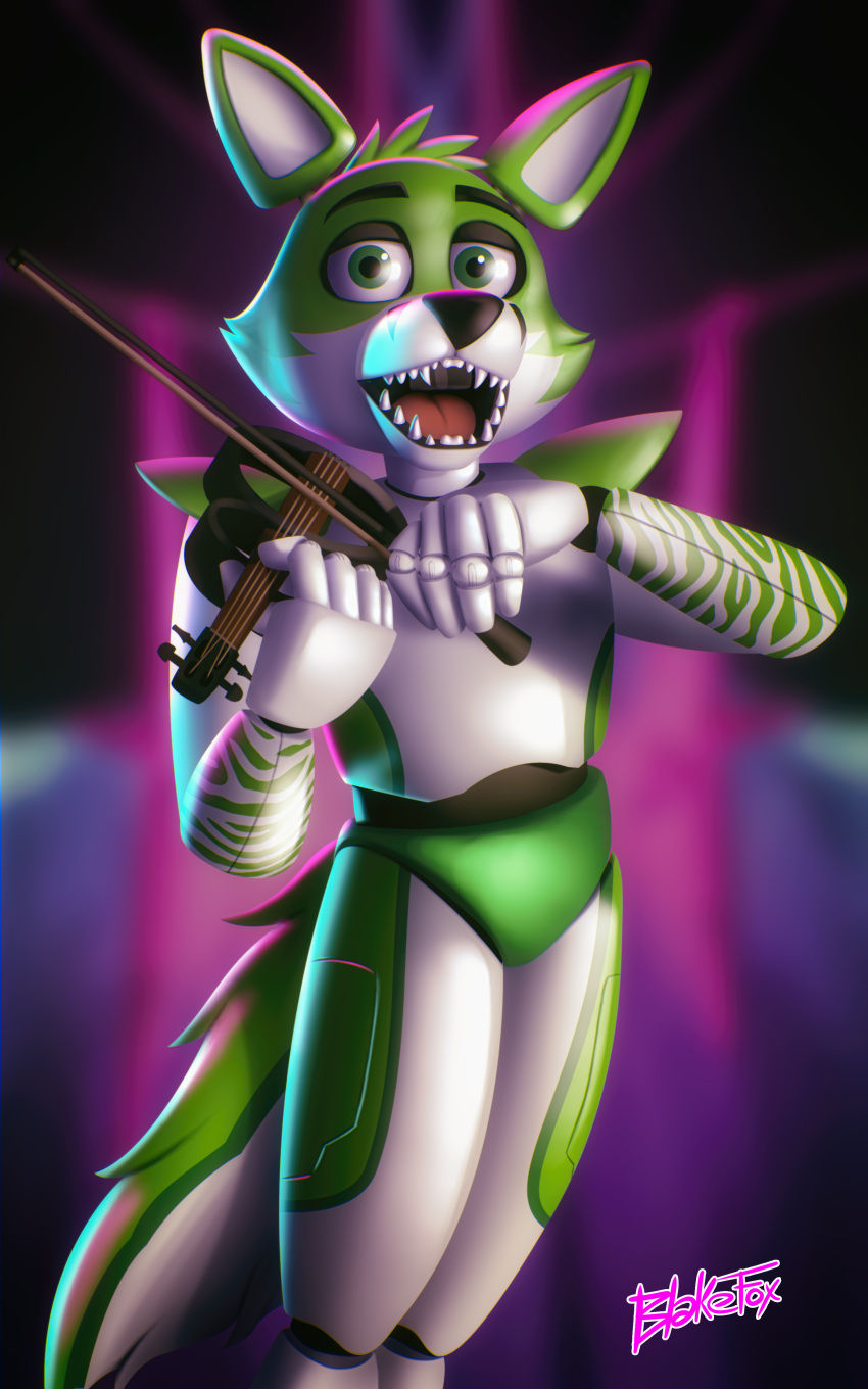 2022 5:8 absurd_res alternative_fashion anthro black_nose blakefox bowed_string_instrument canid canine digital_media_(artwork) fidget_the_fox five_nights_at_freddy's fox fur glamrock green_body green_eyes green_fur hair hi_res machine male mammal musical_instrument open_mouth robot scottgames signature simple_background smile solo string_instrument tongue violin white_body white_fur