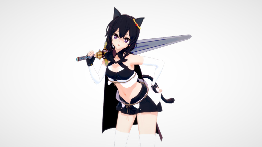 1other 3d alternate_eye_color animal_ears bare_shoulders black_cloak black_gloves black_hair black_shorts black_tail breasts bright_pupils cat_girl cat_tail cloak commentary commentary_request cowboy_shot earrings female fingerless_gloves fran_(tensei_shitara_ken_deshita) gloves gold_earrings hair_between_eyes hand_on_own_hip hand_up head_tilt holding holding_sword holding_weapon jewelry koikatsu_(medium) korean_commentary leaning_forward looking_at_viewer medium_breasts medium_hair midriff navel o0o_(pixiv_58838089) over_shoulder purple_eyes shishou_(tensei_shitara_ken_deshita) shorts simple_background stomach sword sword_over_shoulder tail tensei_shitara_ken_deshita thighhighs thighs weapon weapon_over_shoulder white_background white_legwear white_pupils