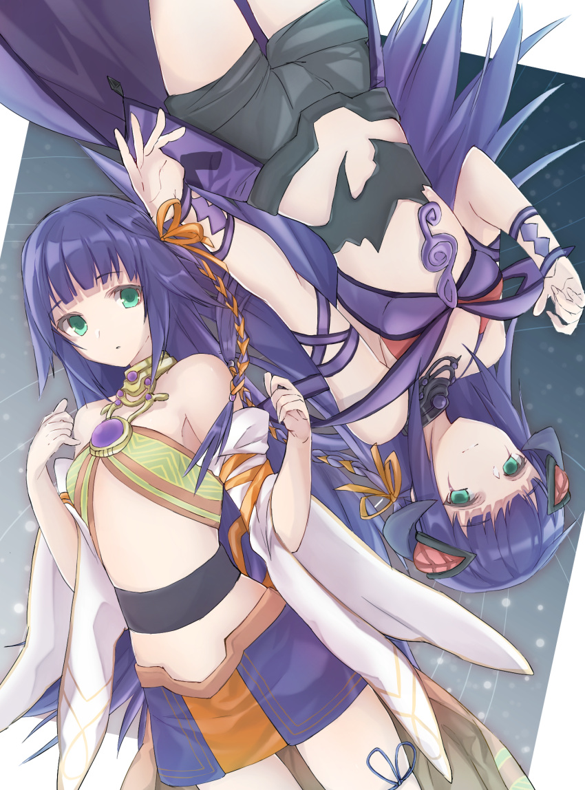 2girls bare_shoulders braid crowned_by_the_world_chalice dual_persona duel_monster green_eyes highres ib_(yu-gi-oh!) knightmare_corruptor_iblee long_hair midriff multiple_girls purple_hair shorts skirt tsumayouji_(dekosoko) white_sleeves yu-gi-oh!