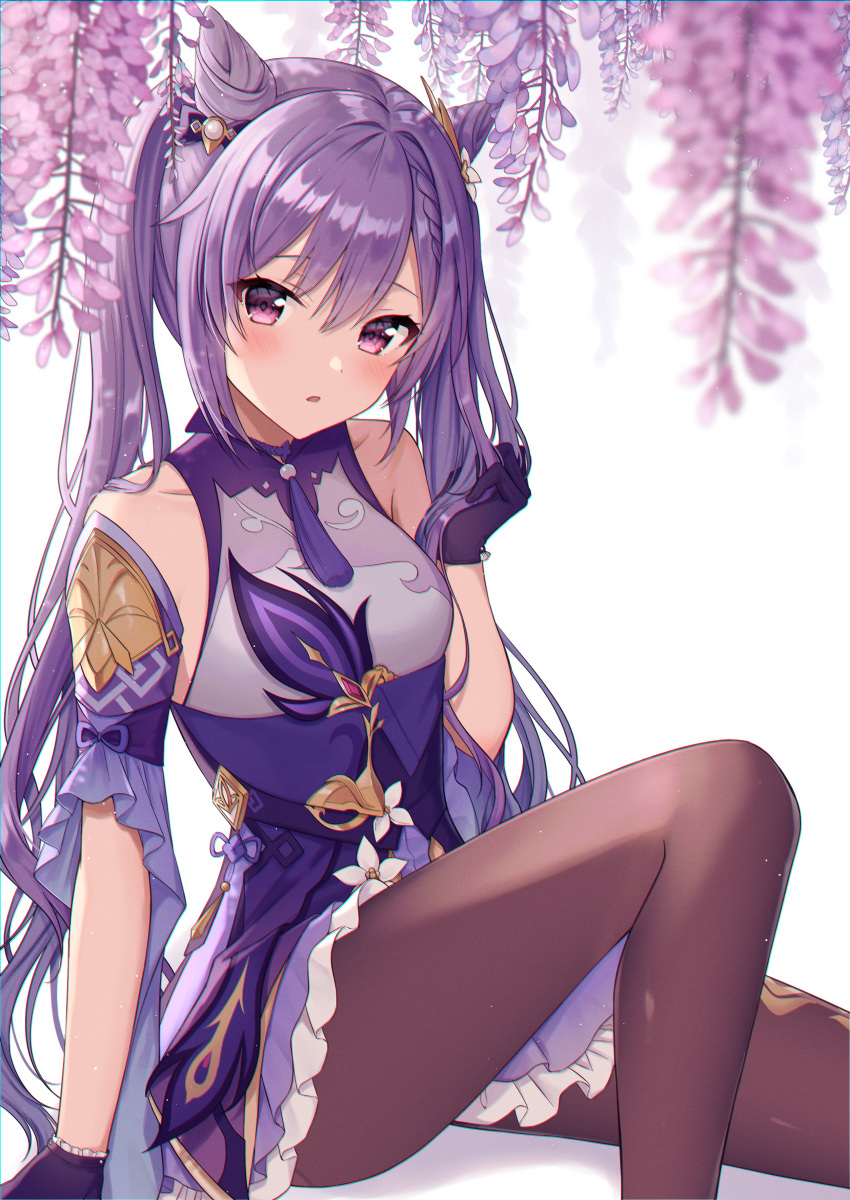 absurdres bare_shoulders breasts brown_pantyhose brush cone_hair_bun detached_sleeves dress female flower genshin_impact gloves hair_bun hair_ornament highres jewelry keqing_(genshin_impact) long_hair looking_at_viewer mochiko_(uyu_omochi) necklace open_mouth pantyhose purple_dress purple_eyes purple_hair solo swept_bangs twintails white_background wide_sleeves wisteria